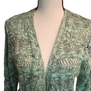 Green/black open front crochet sweater